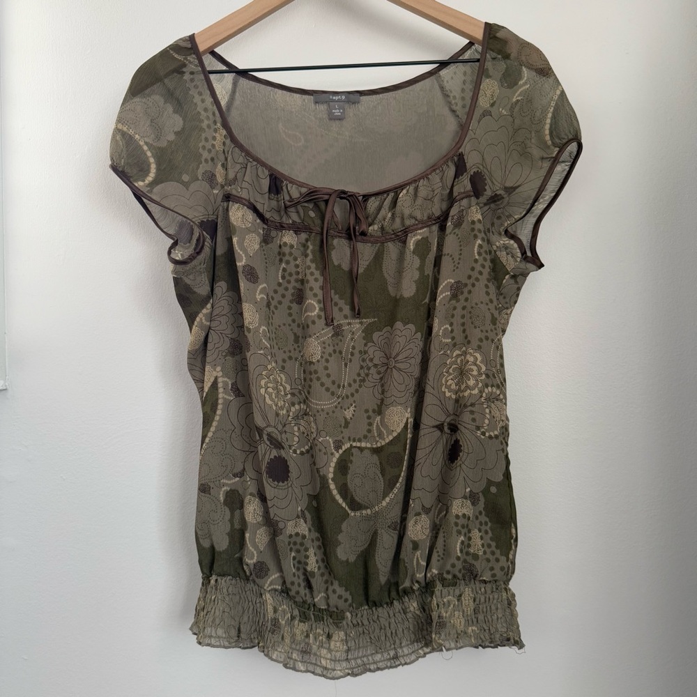 Apt.9 Y2K Large Olive Floral Paisley Blouse Peasant‎ Goblin Fairy Forest Sheer